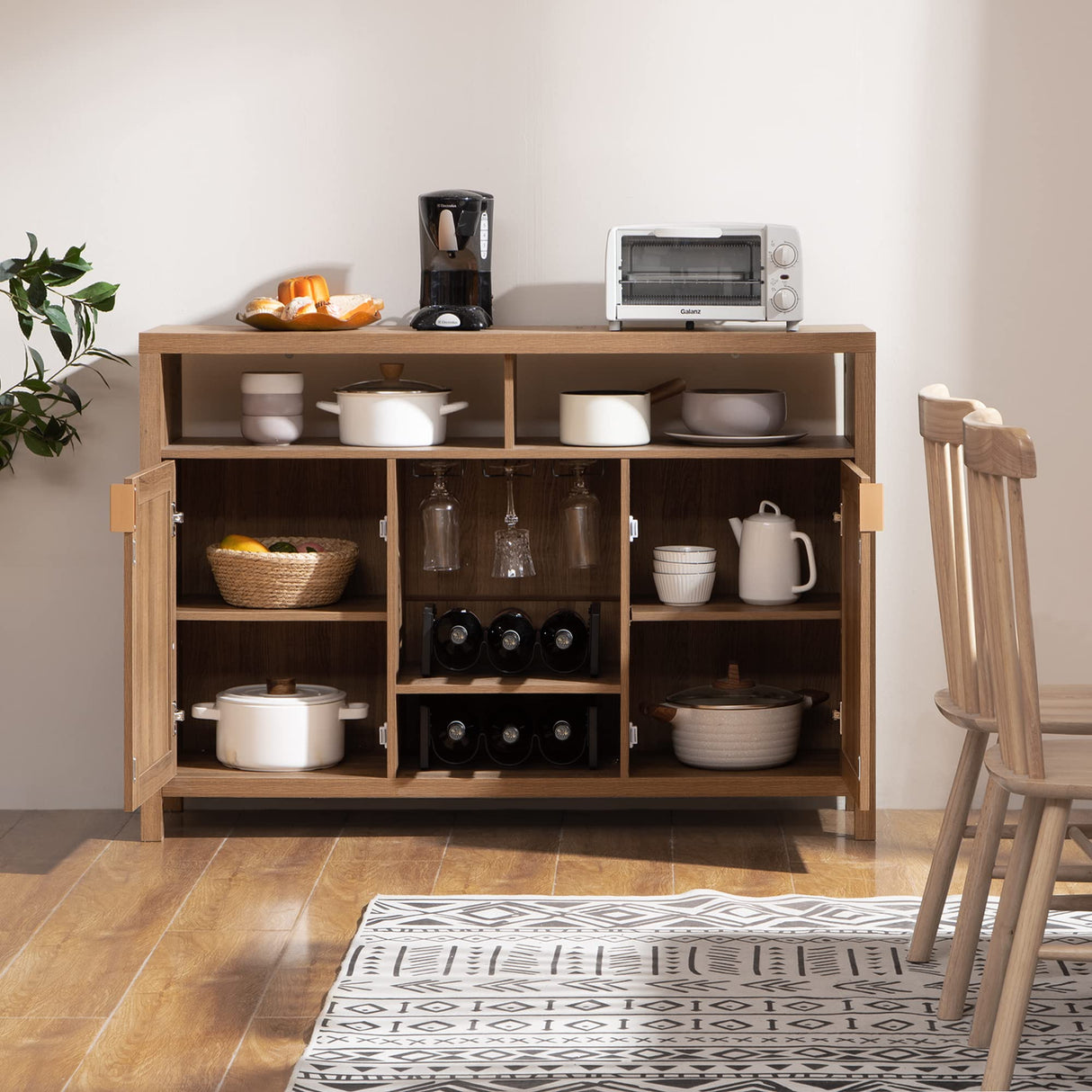 Coffee Bar Cabinet, 51" Rattan Sideboard Buffet Cabinet with Storage