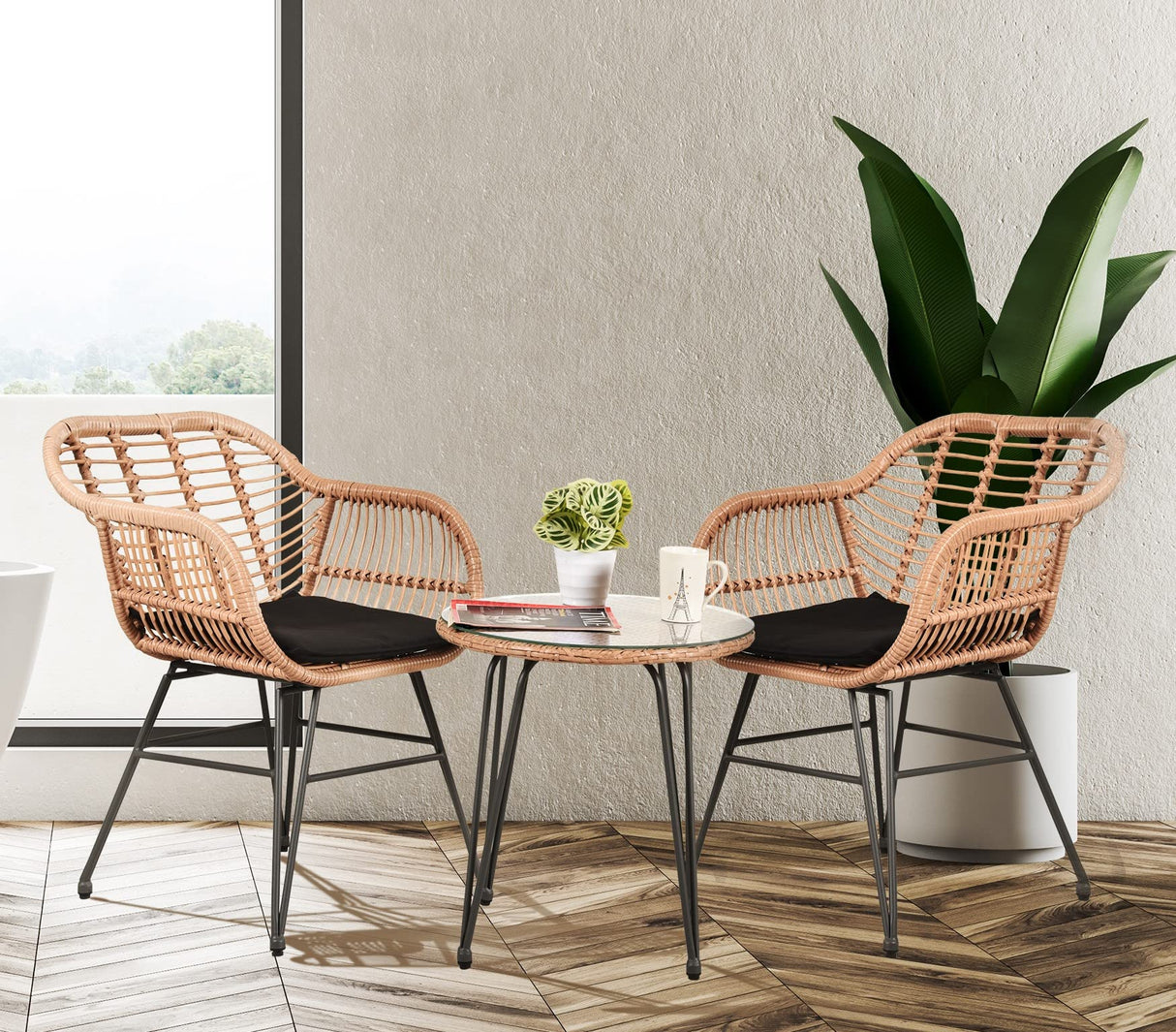 3 Piece Patio Conversation Bistro Set Porch Furniture Rattan Wicker Chairs