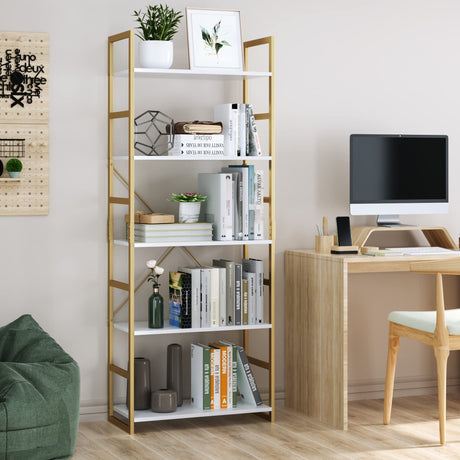 Industrial Gold Bookcase with Metal Frame, Modern Display Shelves