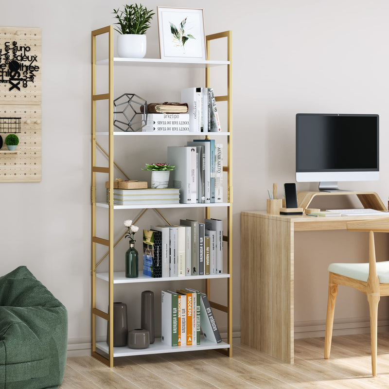 5 Tier Bookshelf, Industrial Gold Bookcase with Metal Frame, Modern Display Shelves