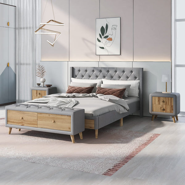 Bedroom Sets, 4-Pieces Queen Size Upholstered Platform Bed with 2 Nightstands and Storage Bench