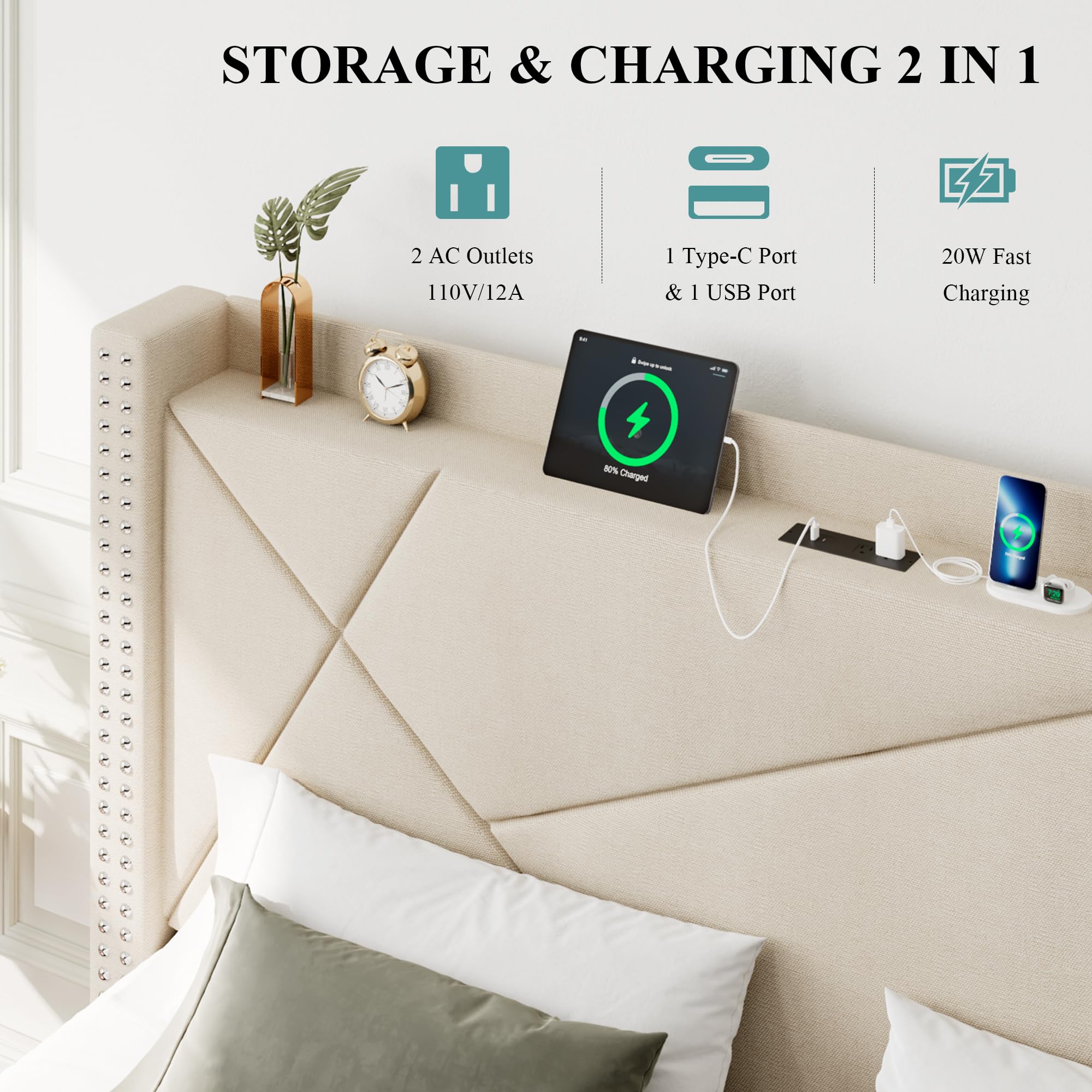 Queen Storage Bed Frame with Type-C & USB Ports and 4 Drawers, Minimalist Geometric