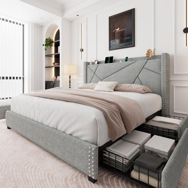 Queen Bed Frame with 4 Storage Drawers, Upholstered Platform Bed Frame