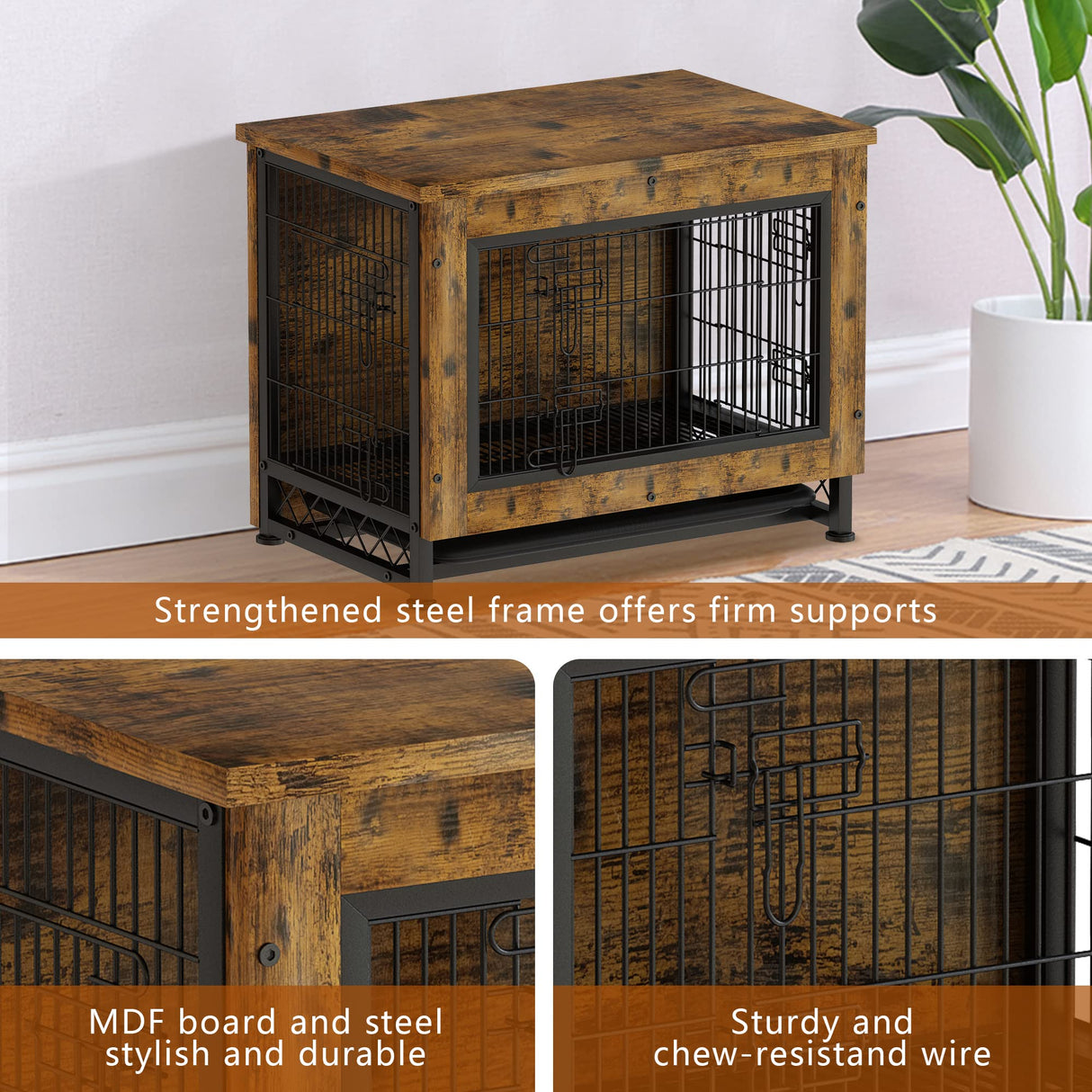 Wooden Dog Crate Furniture with 3 Doors, Dog Crate End Table with Tray