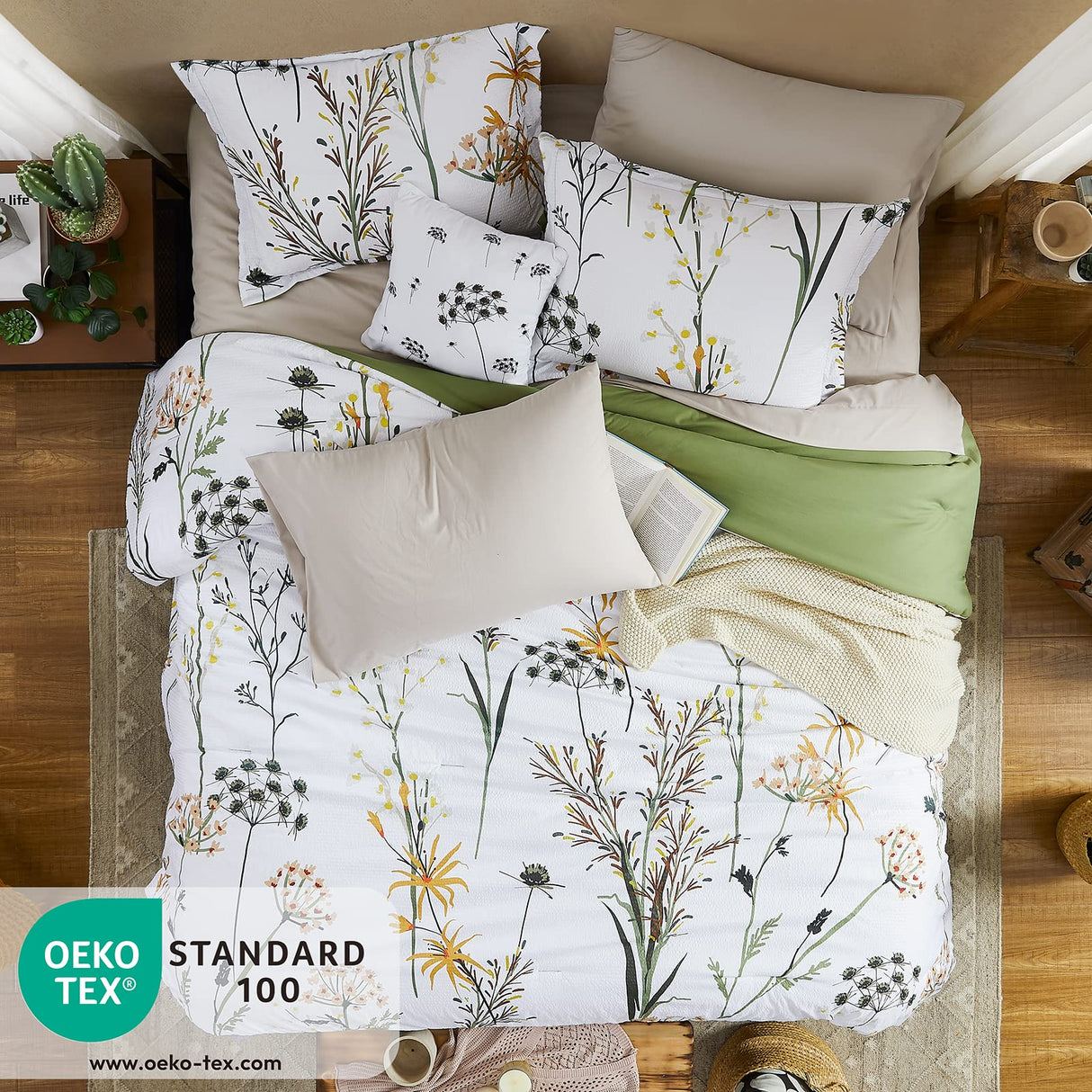 Full Comforter Set 8 PCS White & Green Dandelion Plant Comforter Set with Flowers Leaves Pattern