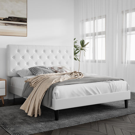 Queen Size Bed Frame with Button Tufted Headboard, Faux Leather Upholstered Mattress