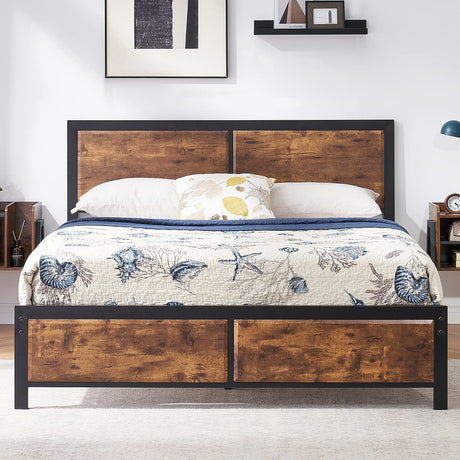 Full Platform Bed Frame with Rustic Vintage Wood Headboard