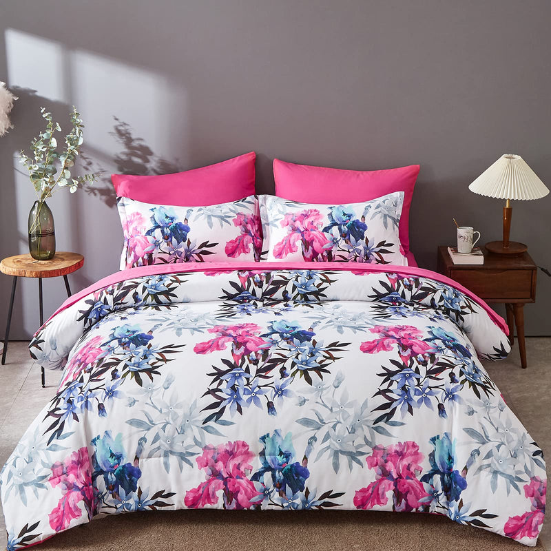 7 Piece Bed in A Bag King Floral Comforter Set, Pink and Blue Botanical Flowers Leaves Comforter and Sheet Set