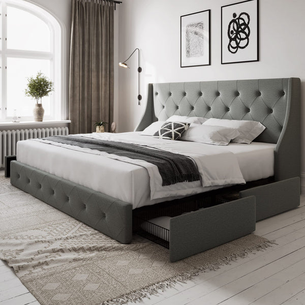 Queen Bed Frame with 4 Storage Drawers and Wingback Headboard