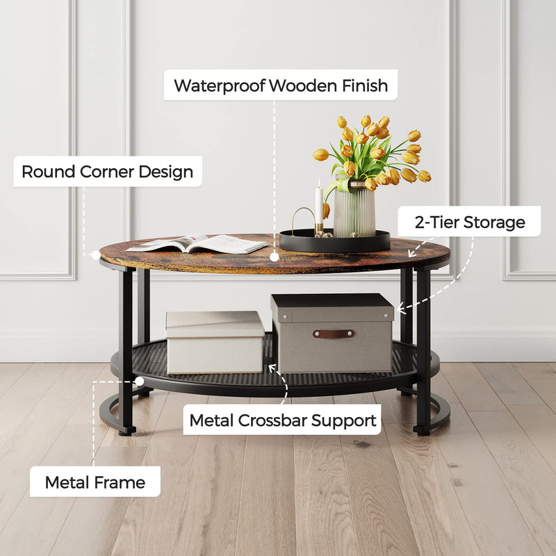 Round Coffee Table and End Table Set for Living Room, Industrial Coffee Table with Open Storage