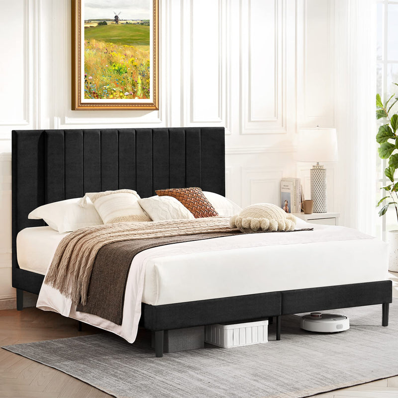 King Size Platform Bed Frame with Velvet Upholstered Headboard and Wooden