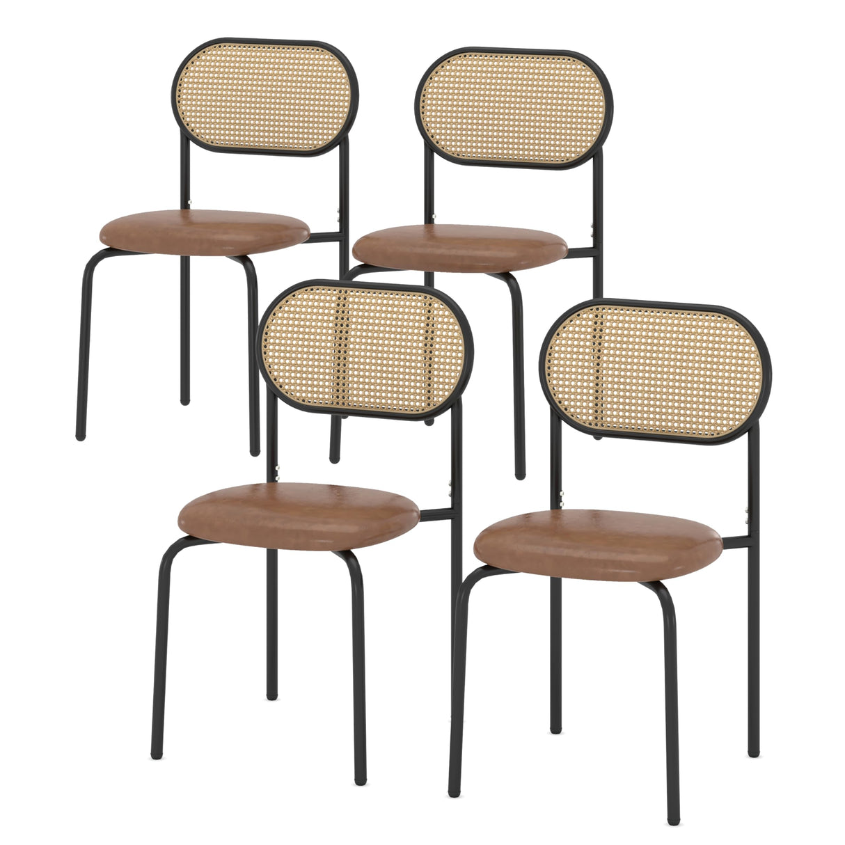 Faux Leather Dining Chairs Set of 4, Modern Rattan Back Chairs