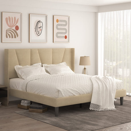 King Bed Frame/Upholstered Platform Bed with Geometric Wingback Headboard