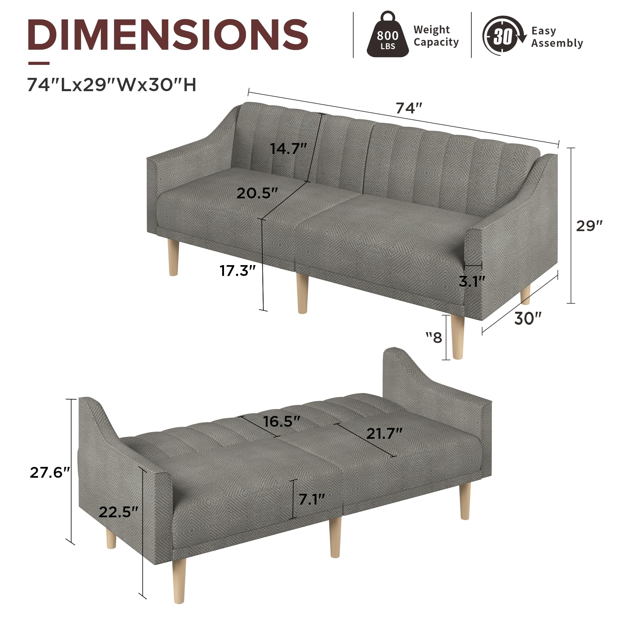 Sofa Bed with Adjustable Backrest and Armrests