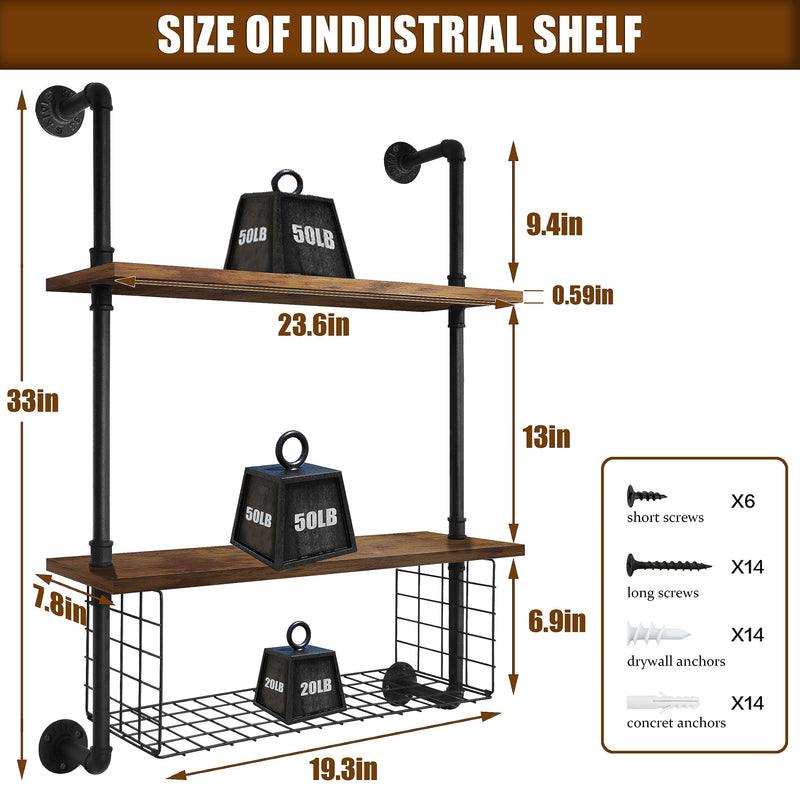 Industrial Pipe Shelving 2 Tiers 24in Bathroom Shelves Wall Mounted with Paper Storage Basket