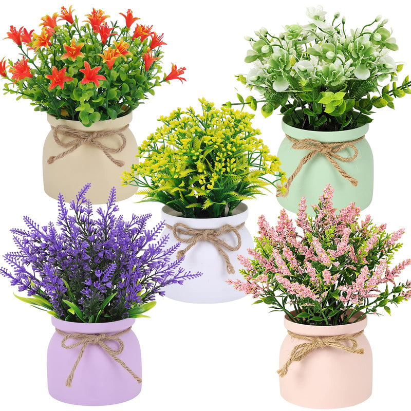 Small Fake Plants - 5 Pack Artificial Potted Flowers Faux Greenery Plants