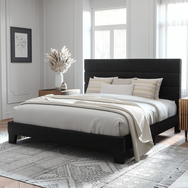 King Size Platform Bed Frame with Velvet Upholstered Headboard and Wooden Slats Support