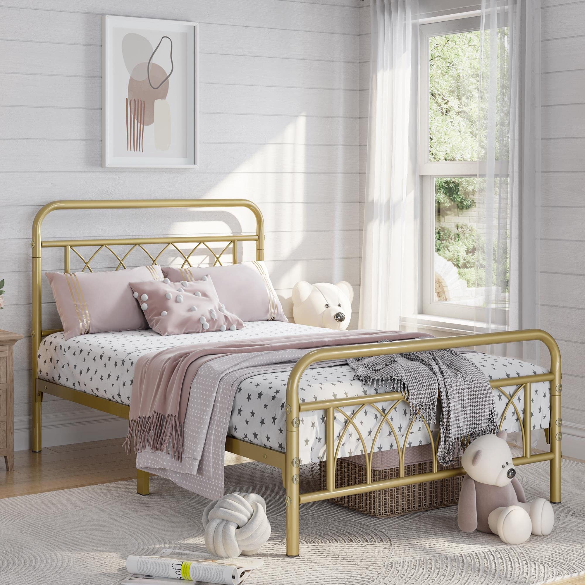 Twin Bed Frame Metal Platform Bed with Petal Accented Headboard/Footboard/14.4 Inch