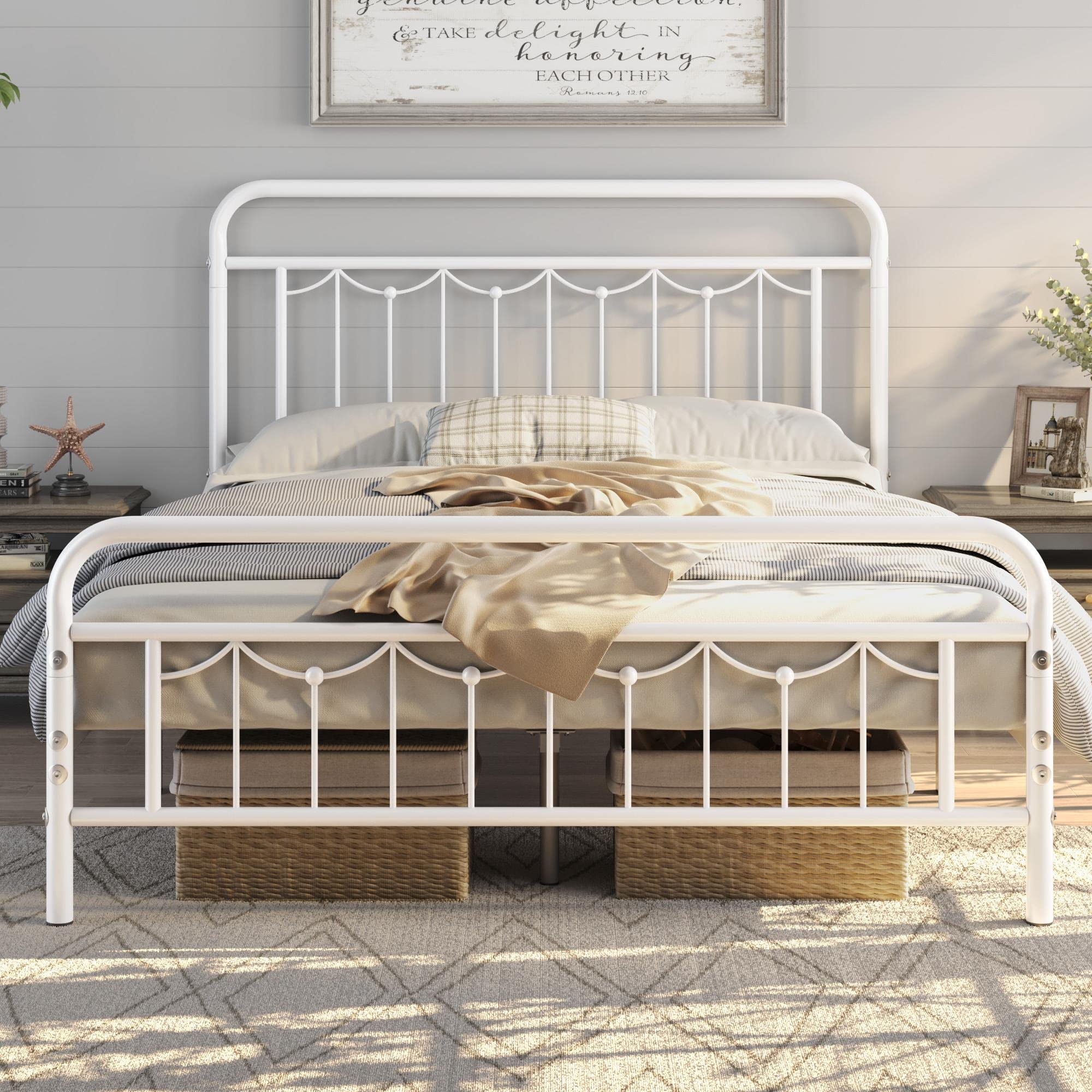 Queen Size Metal Bed Frame with Vintage Headboard and Footboard