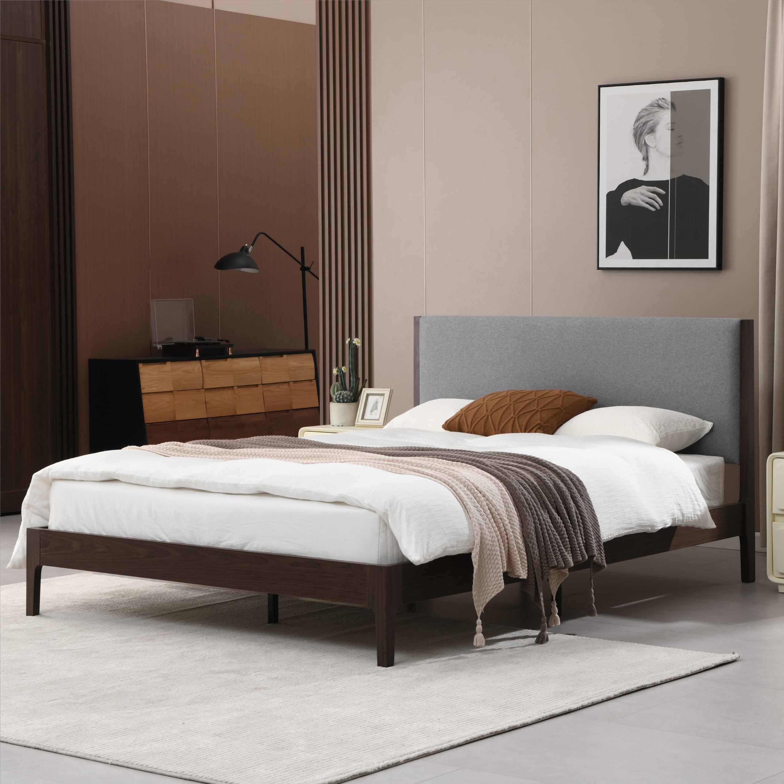 Solid Wood Upholstered Platform Bed Frame, Queen Size Bed Frame, Wood