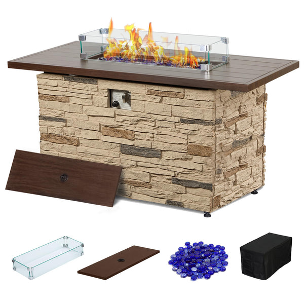 43" Propane Fire Pit Table Outdoor Stone Firepit Table Rectangular 50000 BTU Propane Fire Tables