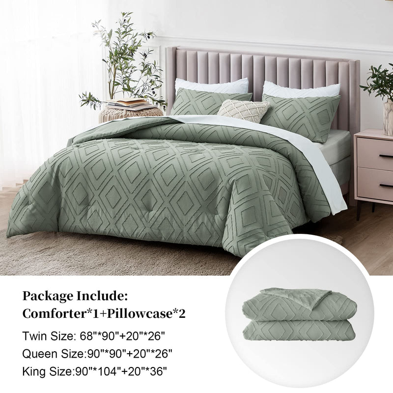 Boho Queen Comforter Set, Sage Green Rhombus Tufted Queen Size Comforter Set