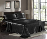 Satin Sheets Queen 4-Piece, Black Hotel Luxury Silky Bed Sheets