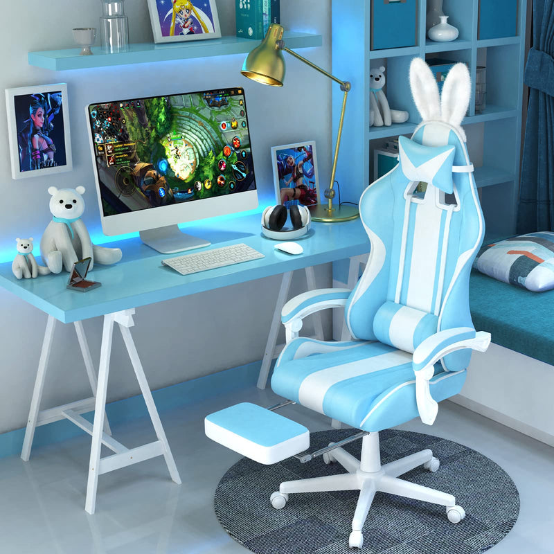 Light Blue Gaming Chair with Bunny Ear, Cute Massage Gaming Chairs for Adults & Teens