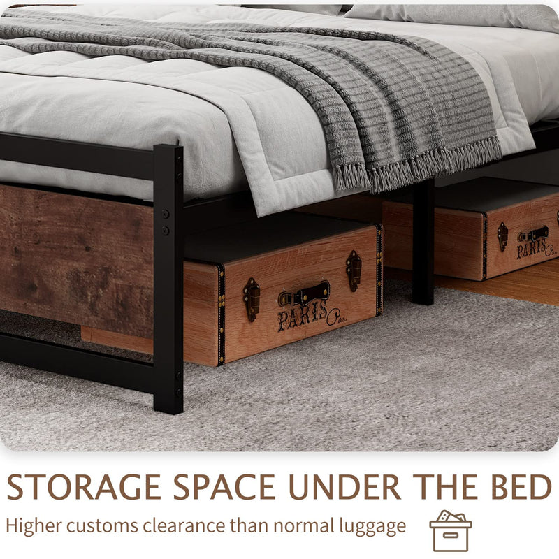 King Size Bed Frame with Wooden Headboard, Heavy Duty Metal Platform Bed Frame