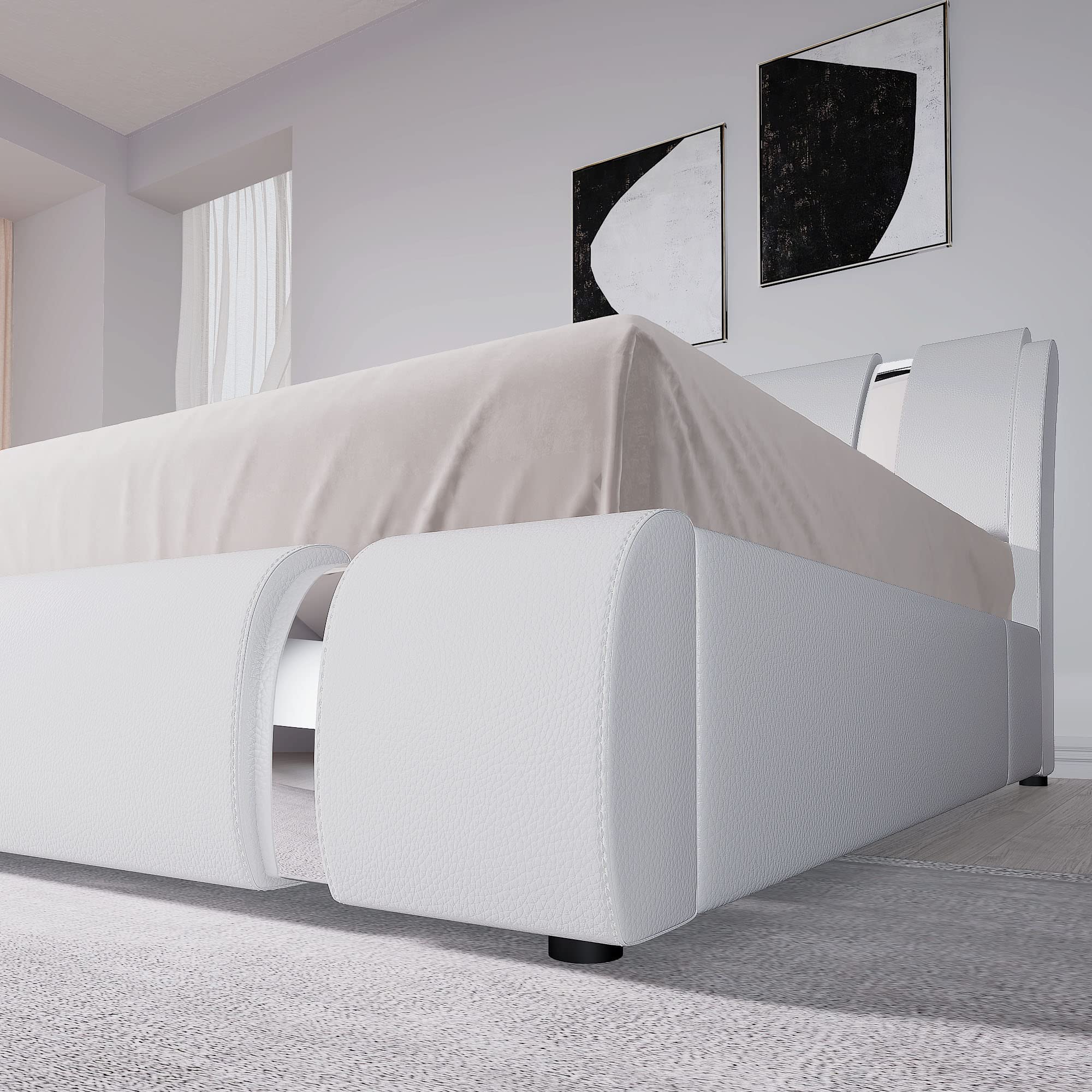 Bed Frame with Iron Piece Decor, Faux Leather Upholstered Platform Bed