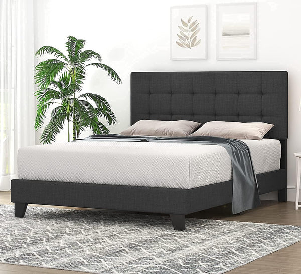 Queen Size Panel Bed Frame with Adjustable High Headboard/Fabric Upholstered/Box