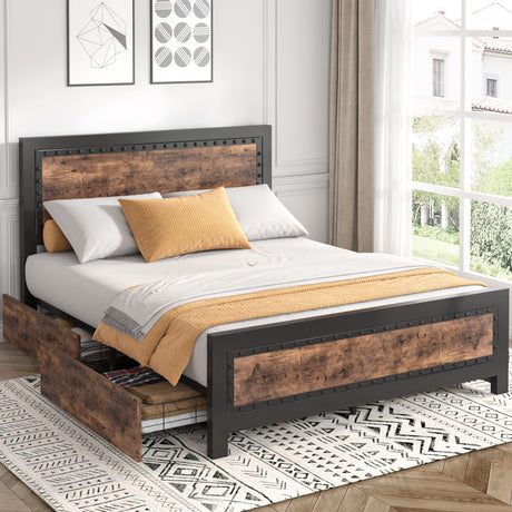 Queen Size Bed Frame with 4 Storage Drawers