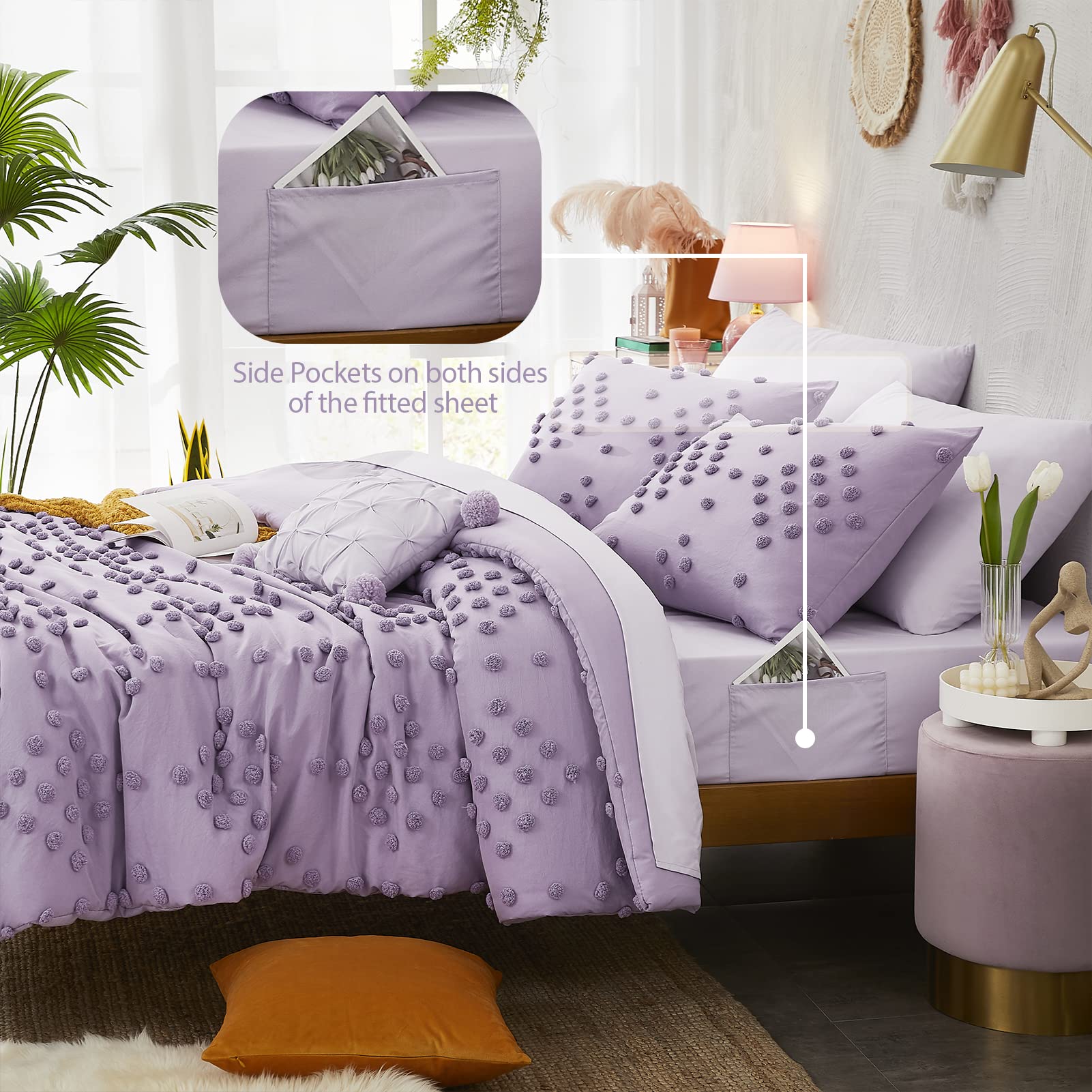 Queen Comforter Set, Purple 8 Pieces Aesthetic Pom Comforter Sets
