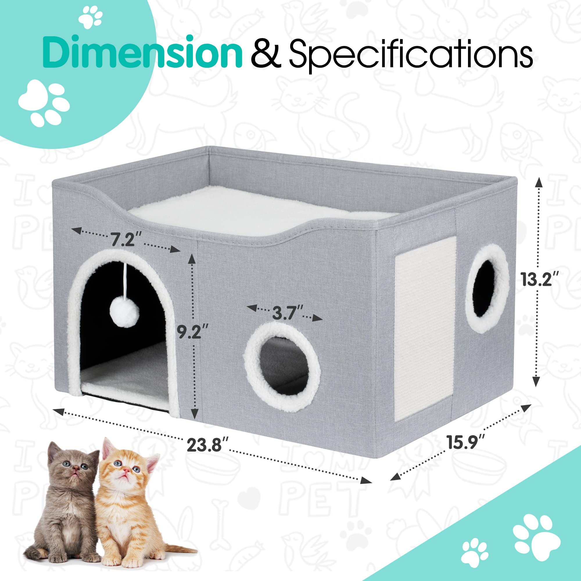 Cat House for Indoor Cats - Large Cat Bed Cave with Fluffy Ball and Scratch Pad
