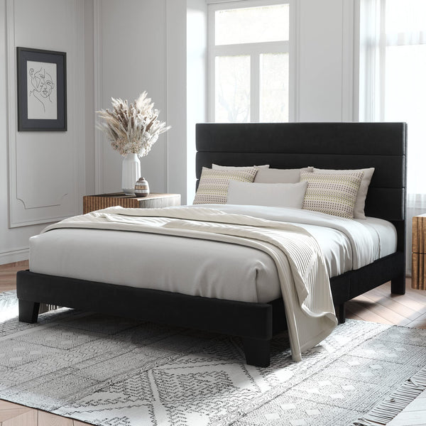Queen Size Platform Bed Frame with Velvet Upholstered Headboard and Wooden Slats Support