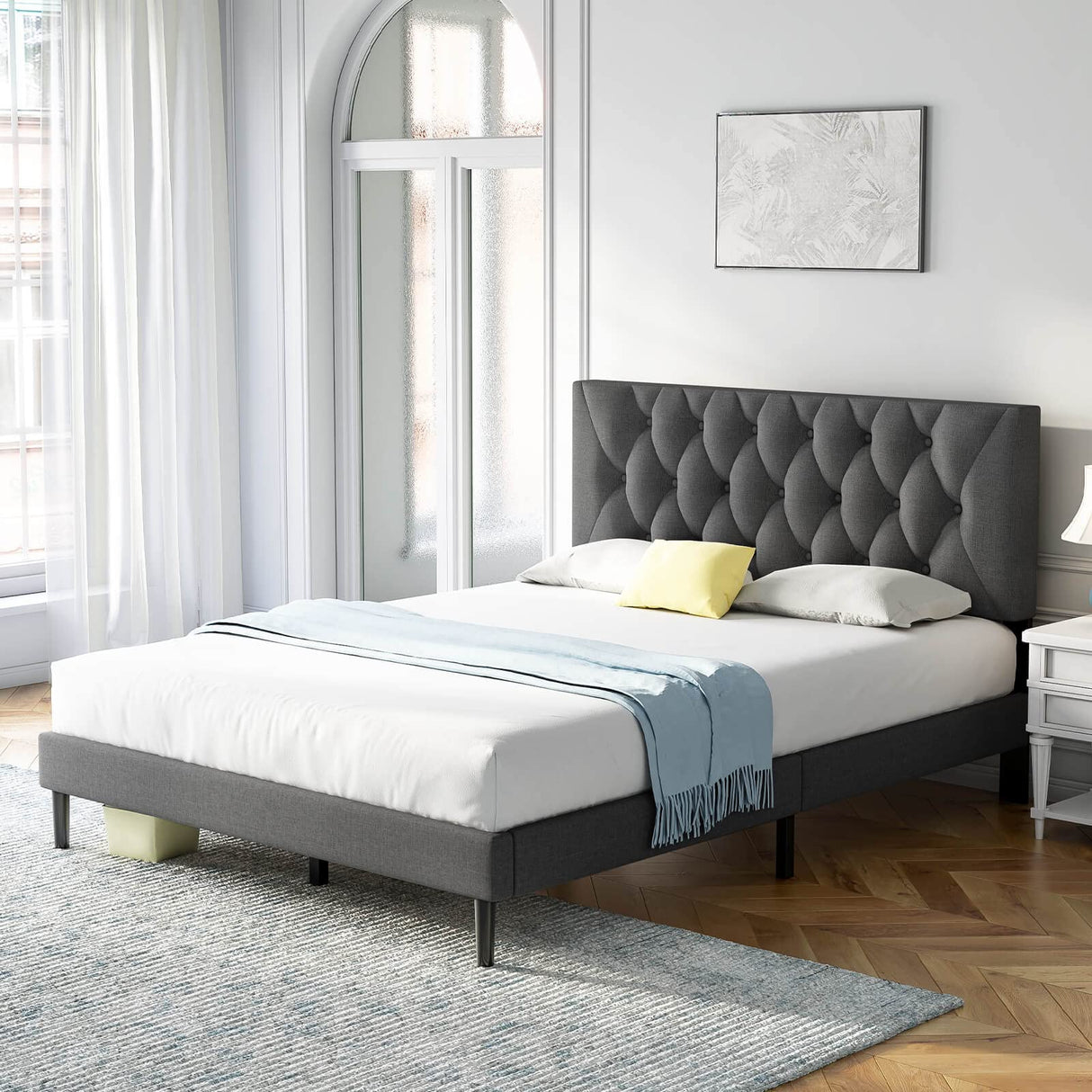 Queen Size Platform Bed Frame with Adjustable Headboard, Linen Fabric Wrap, Strong Frame and Wooden Slats Support