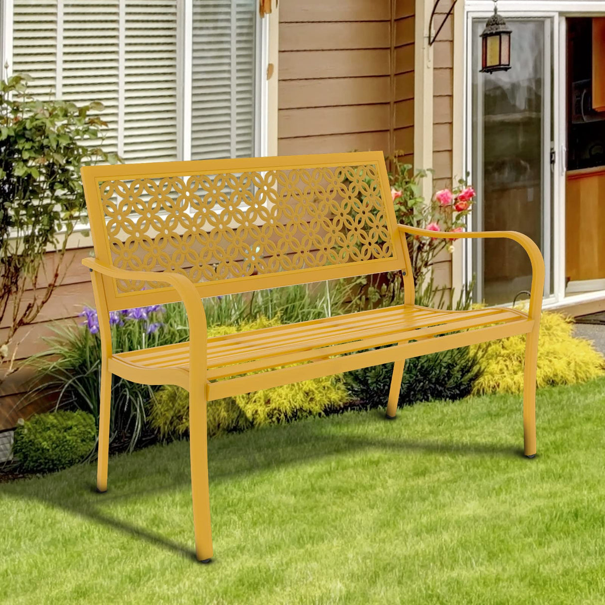 Outdoor Bench Garden Bench with Armrests Steel Bench for Outdoors