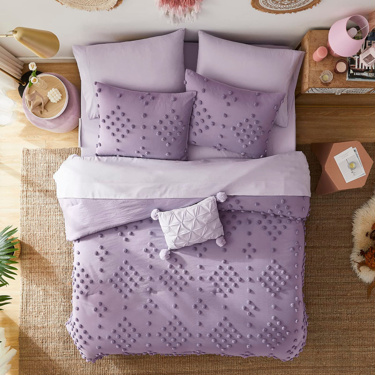 Queen Comforter Set, Purple 8 Pieces Aesthetic Pom Comforter Sets