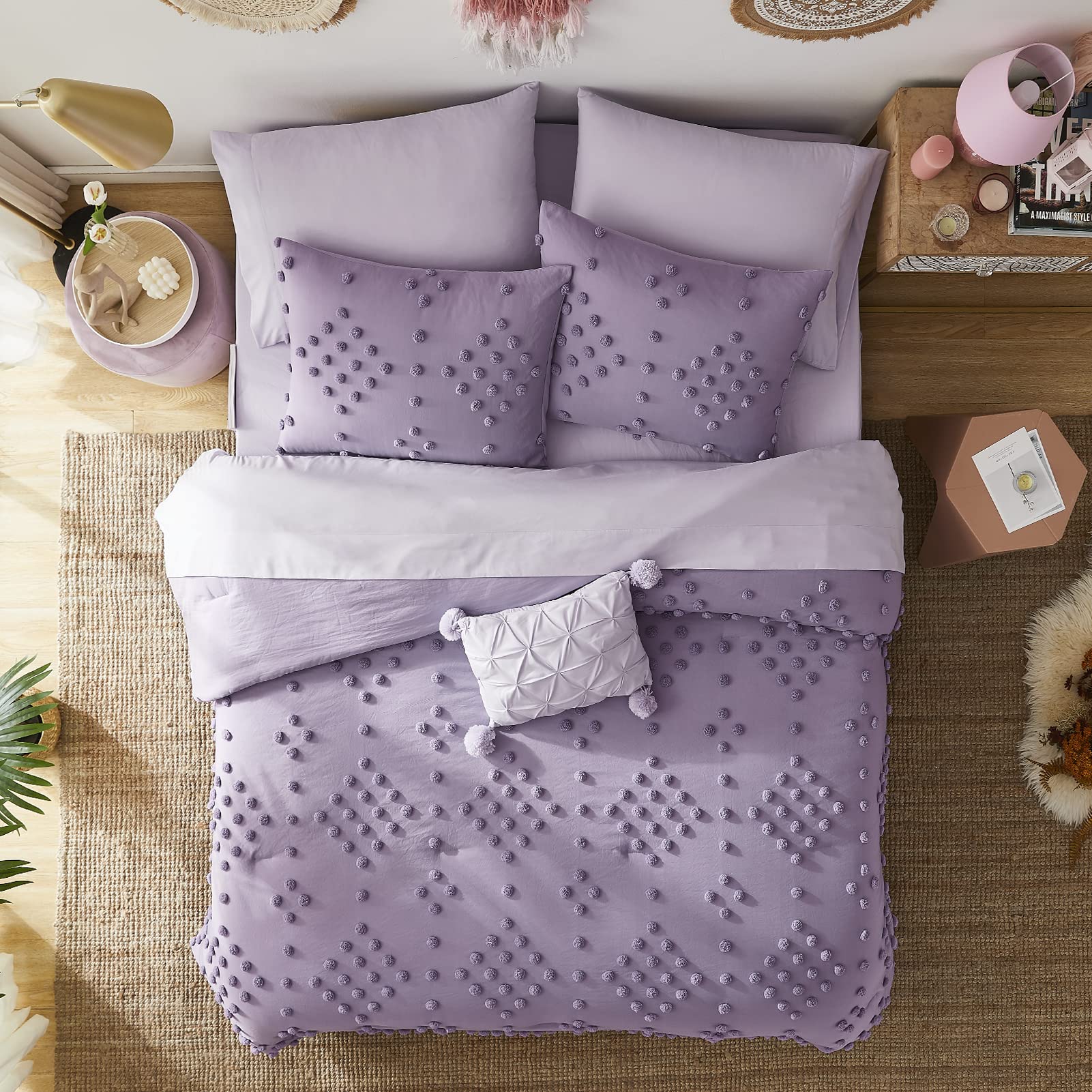 Queen Comforter Set, Purple 8 Pieces Aesthetic Pom Comforter Sets