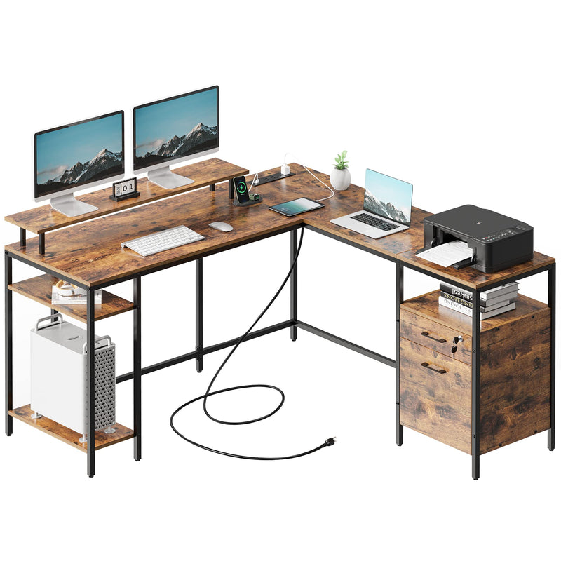 Reversible Computer Desk with Power Outlets & File Cabinet, L Shaped Desk