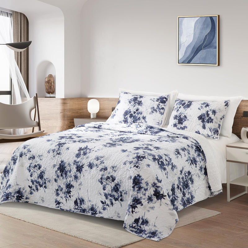 Cotton Quilt Set Queen Size Floral Quilts Navy Blue & White Bedding Sets, 3 Piece