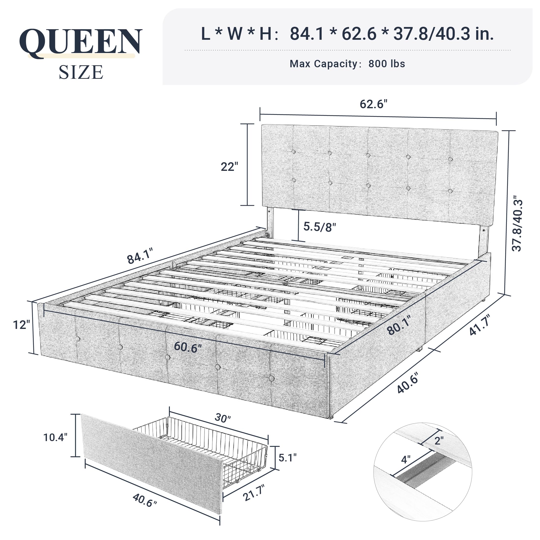 Upholstered Queen Size Platform Bed Frame with 4 Storage Drawers