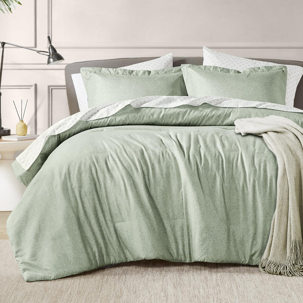 7 Pieces Bed in a Bag, Sage Green Comforter Set with Sheets, Queen Size, Chambray Print