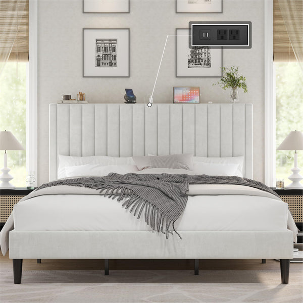 King Size Bed Frame, Velvet Upholstered Platform Bed with Channel Tufted Headboard