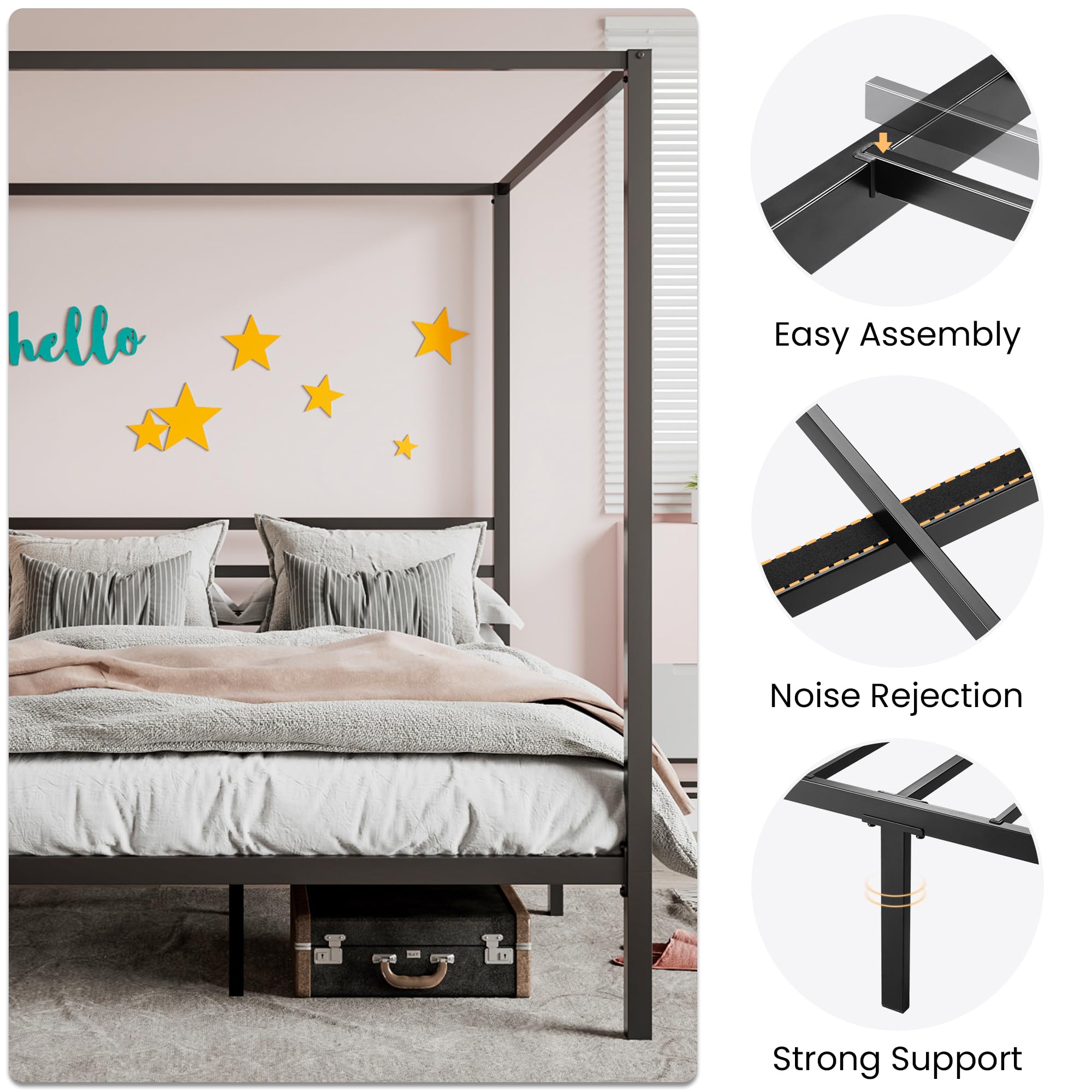 Metal Canopy Bed Frame Queen Size/Mattress Foundation with Metal Slats