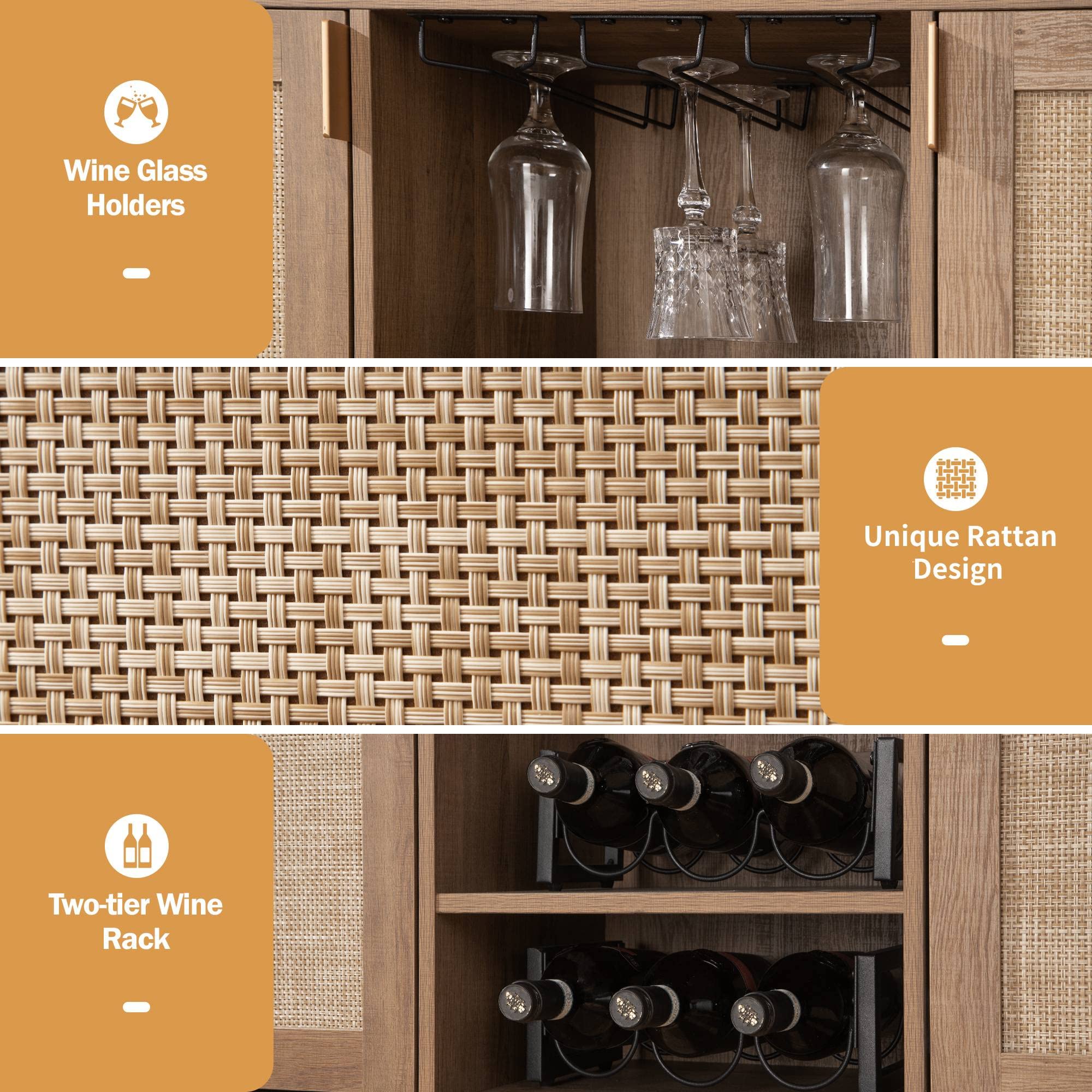 Coffee Bar Cabinet, 51" Rattan Sideboard Buffet Cabinet with Storage