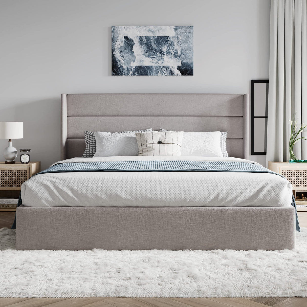 Lift Up Storage Bed/Modern Wingback Headboard/Upholstered Platform Bed Frame