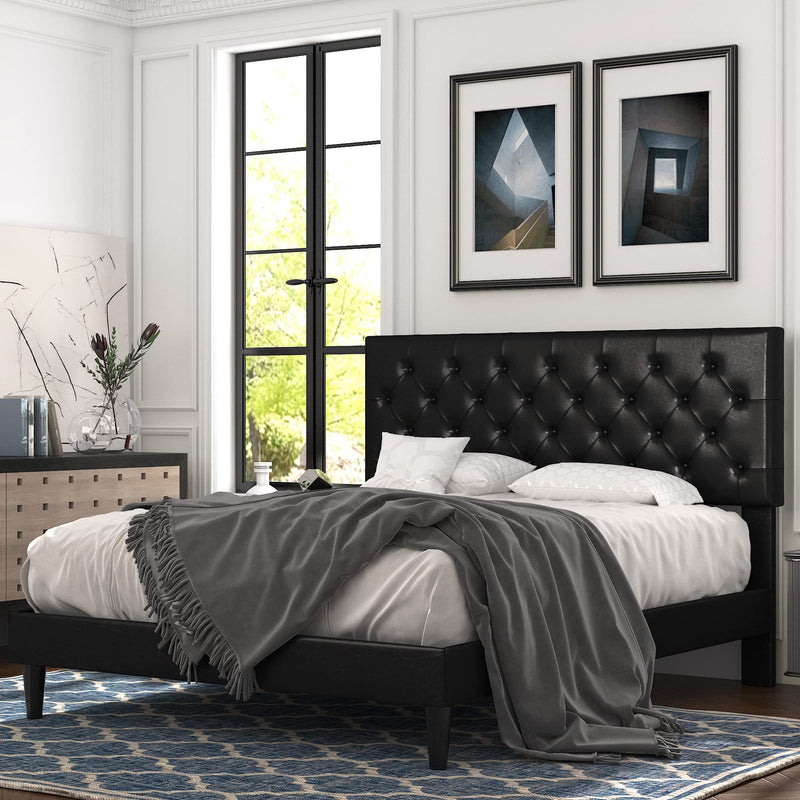 Full Bed Frame with Adjustable Diamond Stitched Button Tufted Headboard/Faux Leather