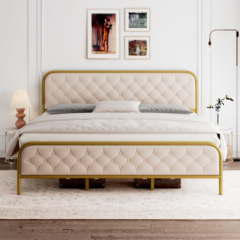 King Size Bed Frame, Upholstered Bed Frame with Diamond Tufted Headboard