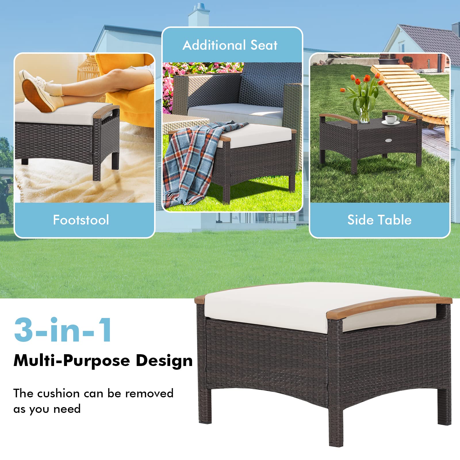 2 Piece Patio Rattan Ottomans, Wicker Footstool w/Acacia Wood Handles
